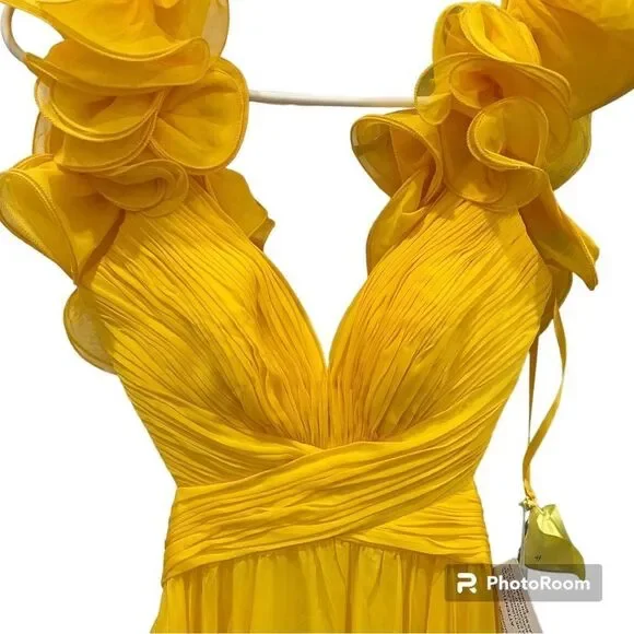 NWT Mac Duggal 67911 Yellow Ruffle Chiffon Cutout Maxi Dress size 0